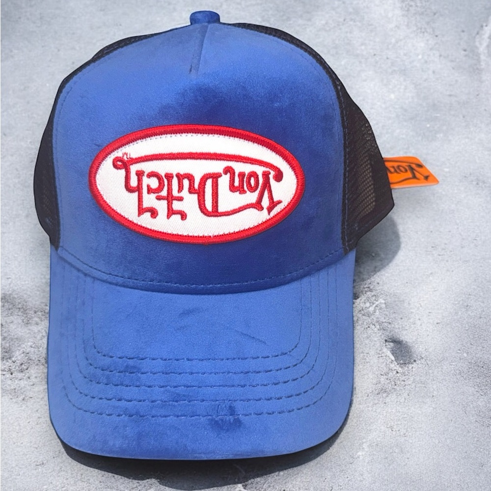 Von Dutch Trucker Hat Blue Velvet Upside Down Embroidered Logo Authentic Cap